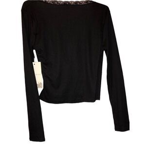NWT LOVE WINS Women’s Black Top Blouse Open V-Neck Lace Detail Long Sleeves
